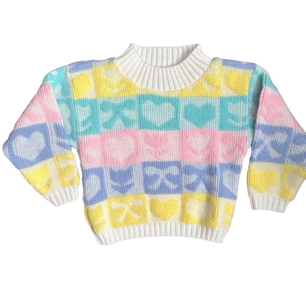 Vintage Go Nitty Long Sleeve Sweater Girls S White Multi Hearts Bows Flower